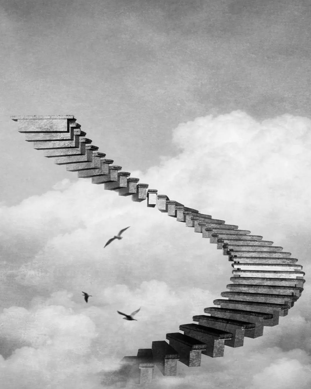 A spiral staircase winding up through clouds