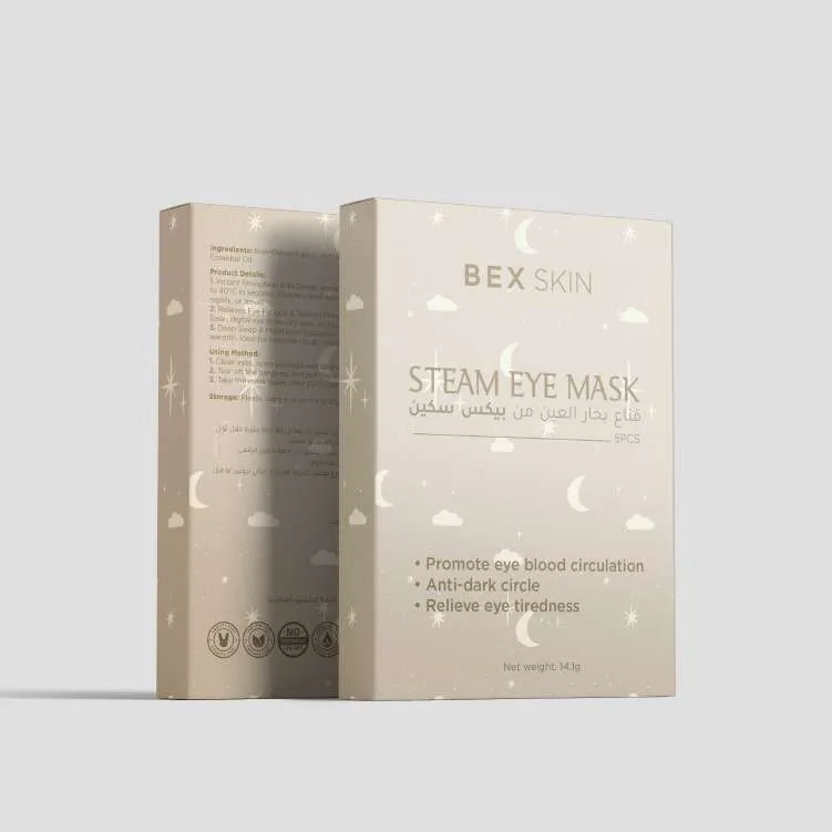 Packaging: BEX Skin 'Steam Eye Mask' — beige box with a cloud and star pattern, bilingual.