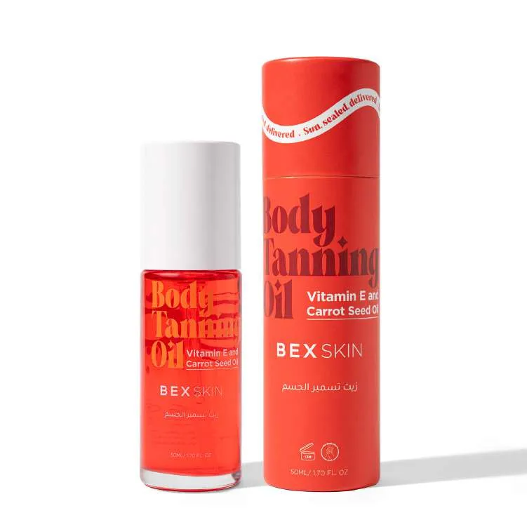 Packaging: BEX Skin 'Body Tanning Oil' with vitamin E and carrot seed oil — red bottle and red tube.