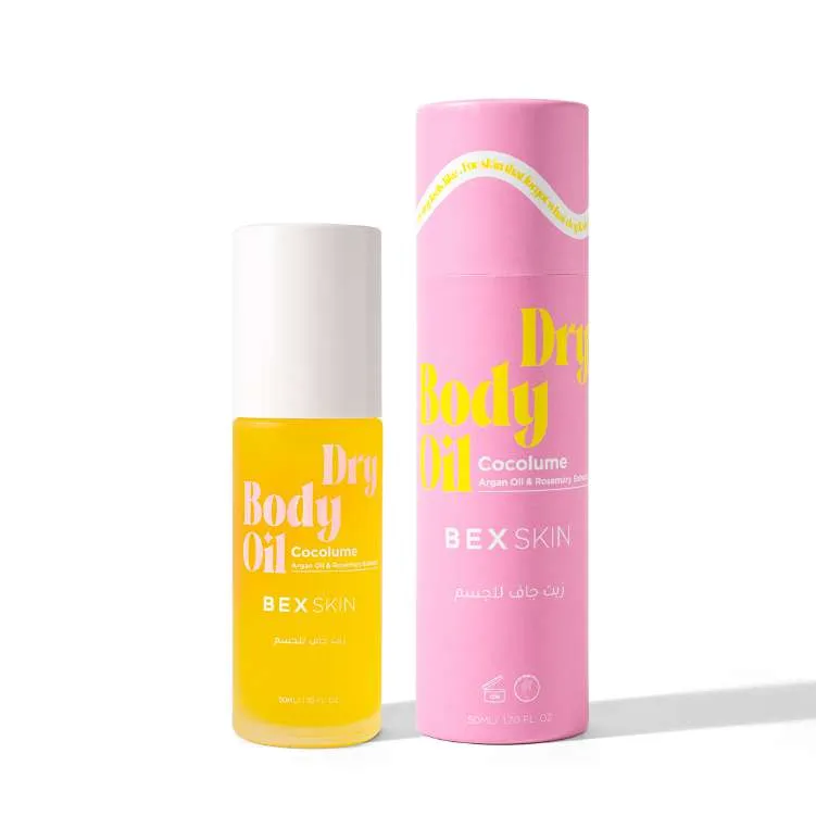 Packaging: BEX Skin 'Dry Body Oil Cocolime' — yellow bottle with pink tube packaging.