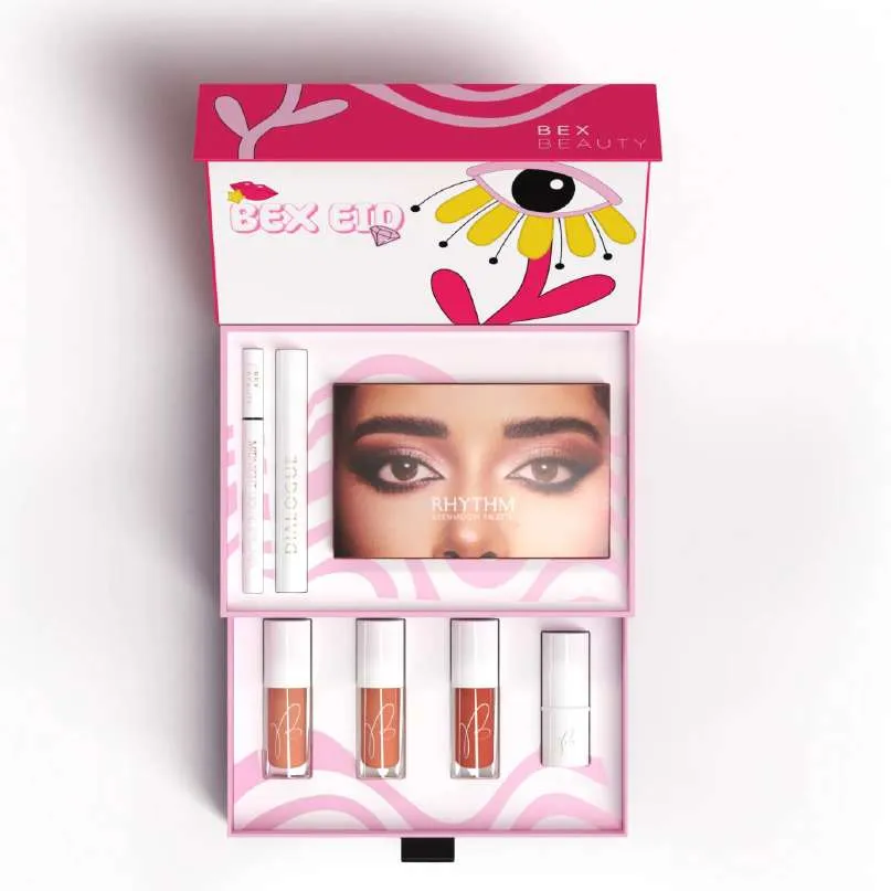 PR kit: pink 'BEX Eid' drawer kit with liquid lipsticks and an eye-look card.