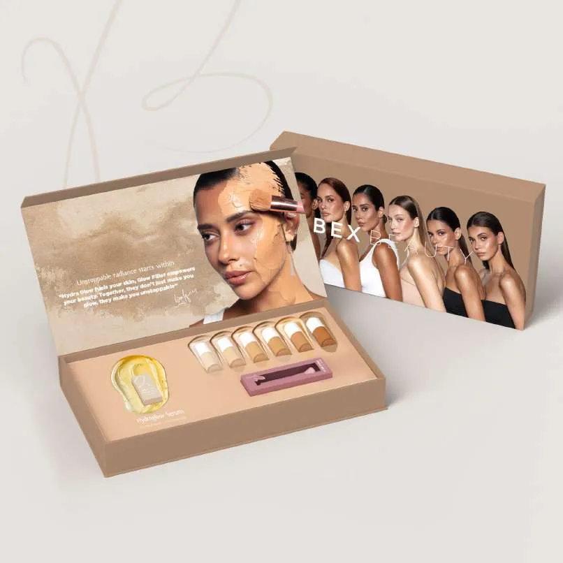 PR kit: tan foundation kit box with model imagery, shade minis and the Hydroglow serum.