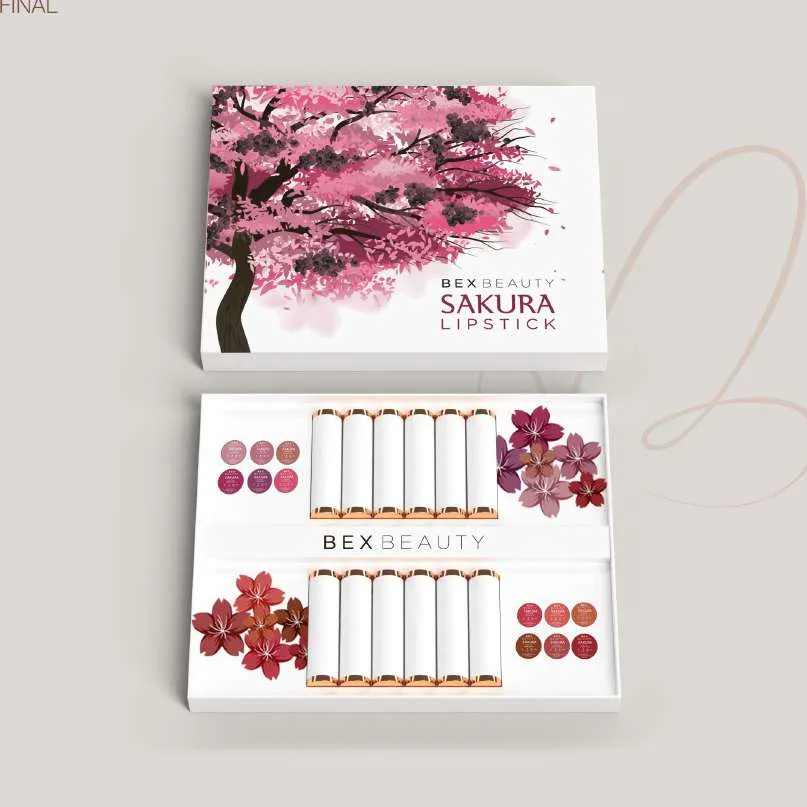 PR kit: 'Sakura Lipstick' kit with cherry-blossom lid artwork, lipstick tubes and floral inserts.