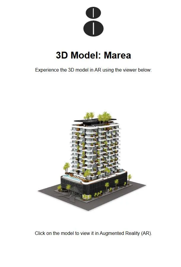 AR viewer mockup: the '3D Model: Marea' page showing the tower model ready to view in augmented reality.